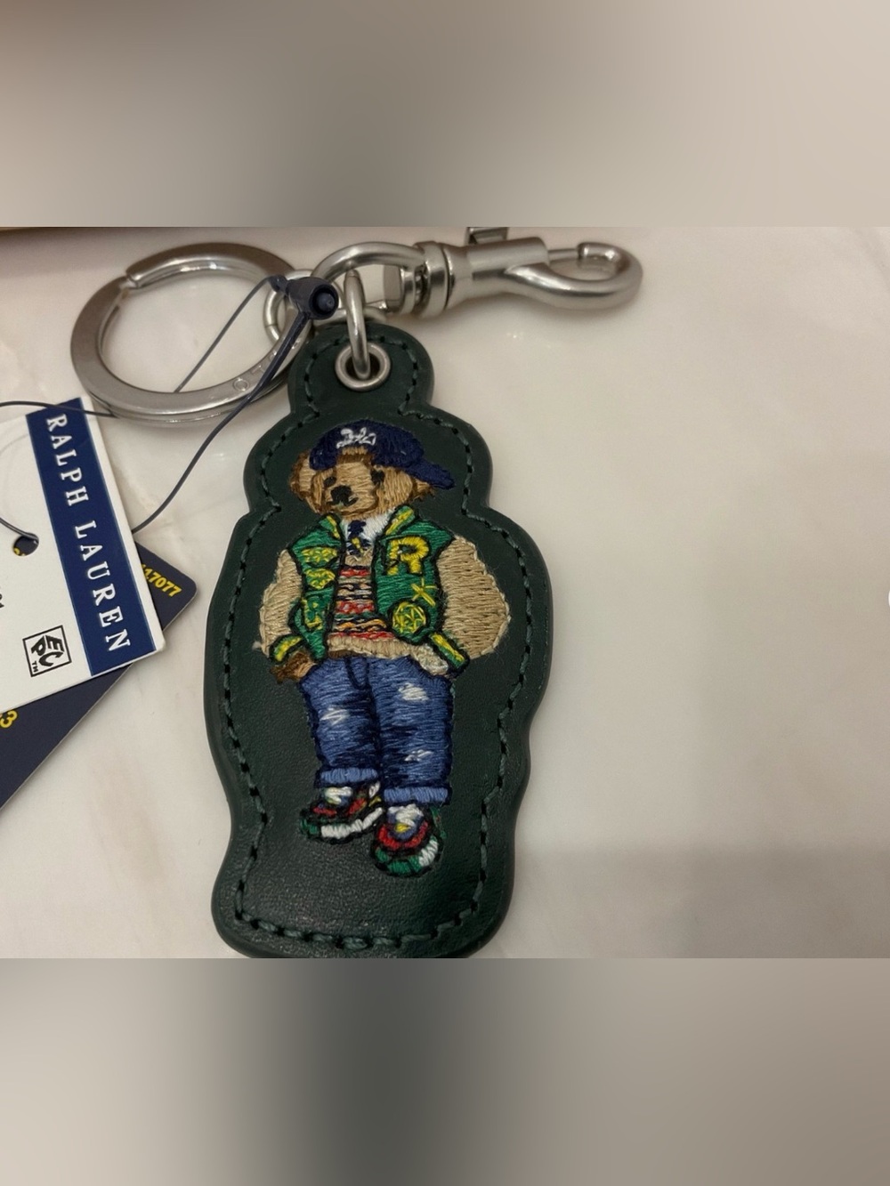 NEW Polo Ralph Lauren COLLEGE VARSITY BEAR - LEATHER Key Ring Keychain - GREEN - Picture 3 of 6